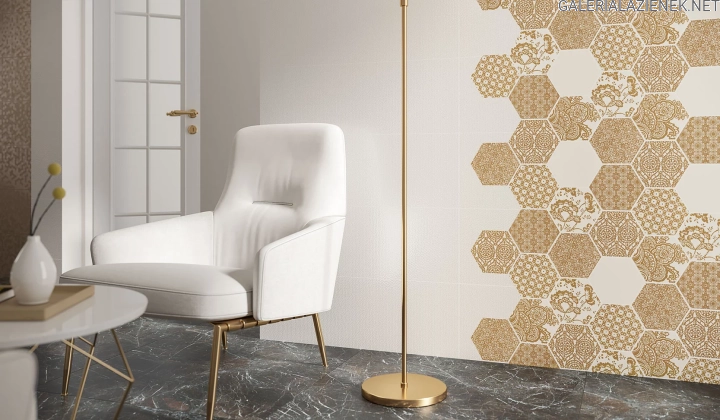 Shiny-bianco-organic-298x898_bianco-heksagon-198x171_gold-heksagon-inserto-A,B,C,D,E,F-198x171_detal.webp
